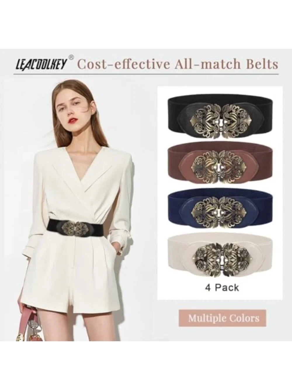 4 Pack Vintage Wide Waist Belts for Women - Elastic Cinch Belts with Retro